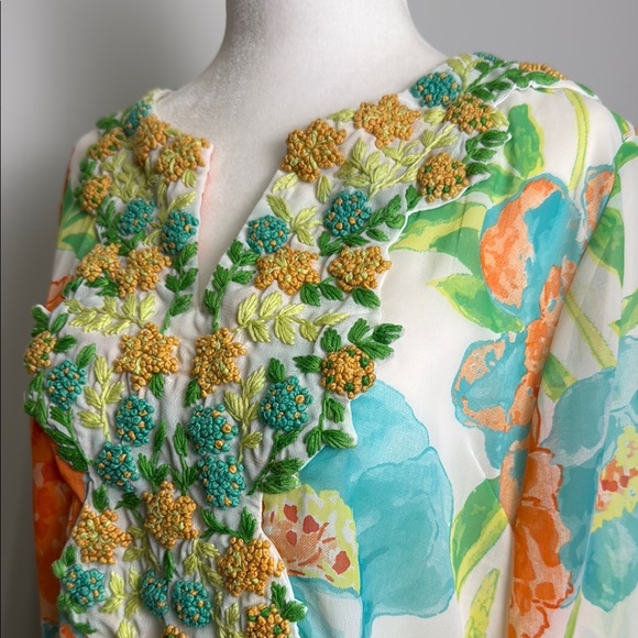 Gretchen Scott Designs Floral Tunic Blouse 3/4 Sleeve Crochet Knit Flowers - Picture 5 of 16